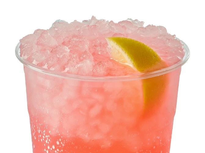 Swig Menu 75 Summer Splash, orange-pink drink with a light and bubbly texture. 230 calories, 57 carbs, and 0 fats.